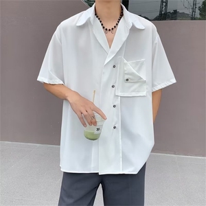 美式复古夏季薄款短袖衬衫男痞帅vintage设计感小众宽松半袖衬衣图片