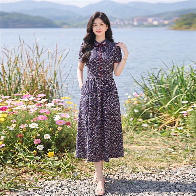 田园风碎花刺绣连衣裙女春夏收腰显瘦中长裙,女装连衣裙,水衣源