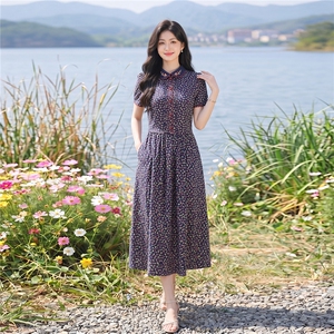 田园风碎花刺绣连衣裙女春夏收腰显瘦中长裙图片