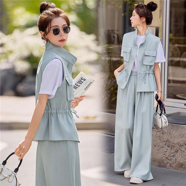 现货！2026春夏新款高级感气质轻熟风洋气马甲休闲阔腿裤三件套女，女装套装/套裙，众宇琦