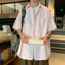 条纹五分袖衬衫男夏季ins上衣服潮流宽松情侣衬衣外套W1000-P28，男装衬衫，星座512-2