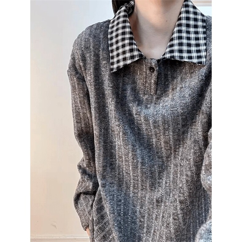 春季美式假两件格子拼翻领休闲卫衣男女POLO领外套潮L33799-P37,男装Polo衫,星座1008
