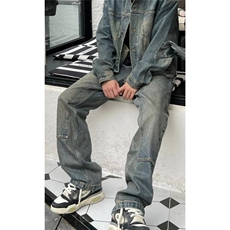 美式双膝伐木裤水洗做旧牛仔长裤男士黄泥色直筒阔腿裤高街vibe裤，男装牛仔裤，星座506A