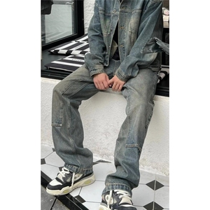 美式双膝伐木裤水洗做旧牛仔长裤男士黄泥色直筒阔腿裤高街vibe裤,大人阔腿裤搭配图片图片