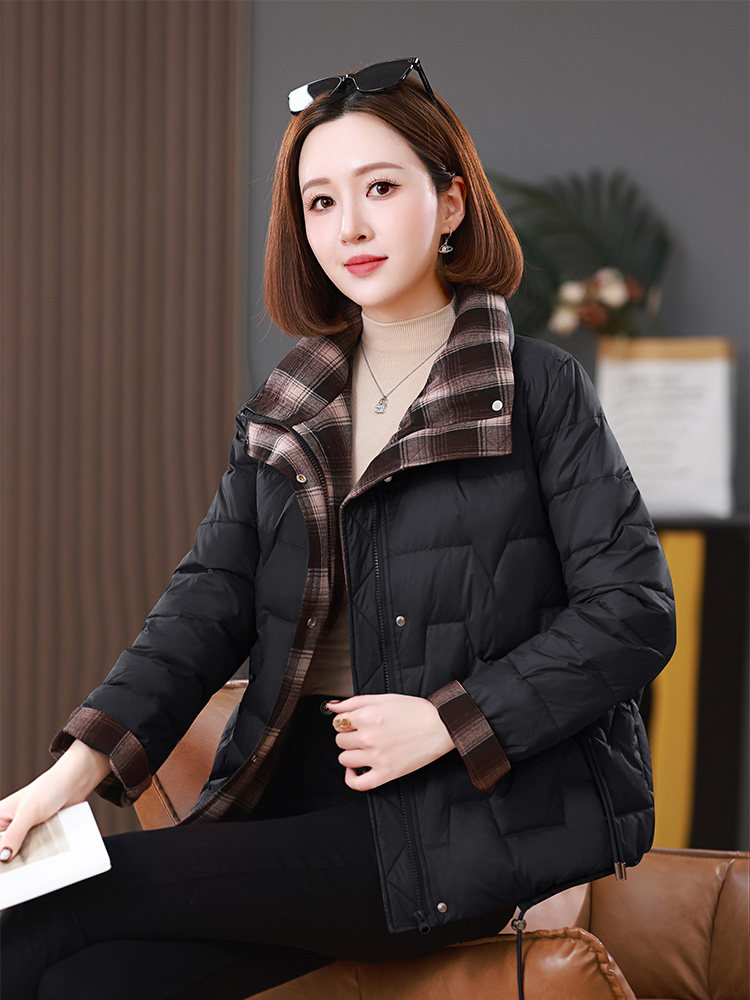 2025冬装新款撞色格纹拼接立领棉衣外套,女装棉衣/棉服,雪樱依海