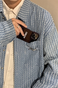 1港风金属装饰镂空牛仔衬衫男七分袖大码潮长袖CCS8078P50控75图片