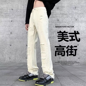美式毛边假破洞牛仔裤男ins潮牌高街vibe直筒微喇长裤23355-P60图片