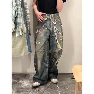 美式复古链条印花牛仔裤女春夏新款设计感宽松直筒阔腿拖地长裤潮图片
