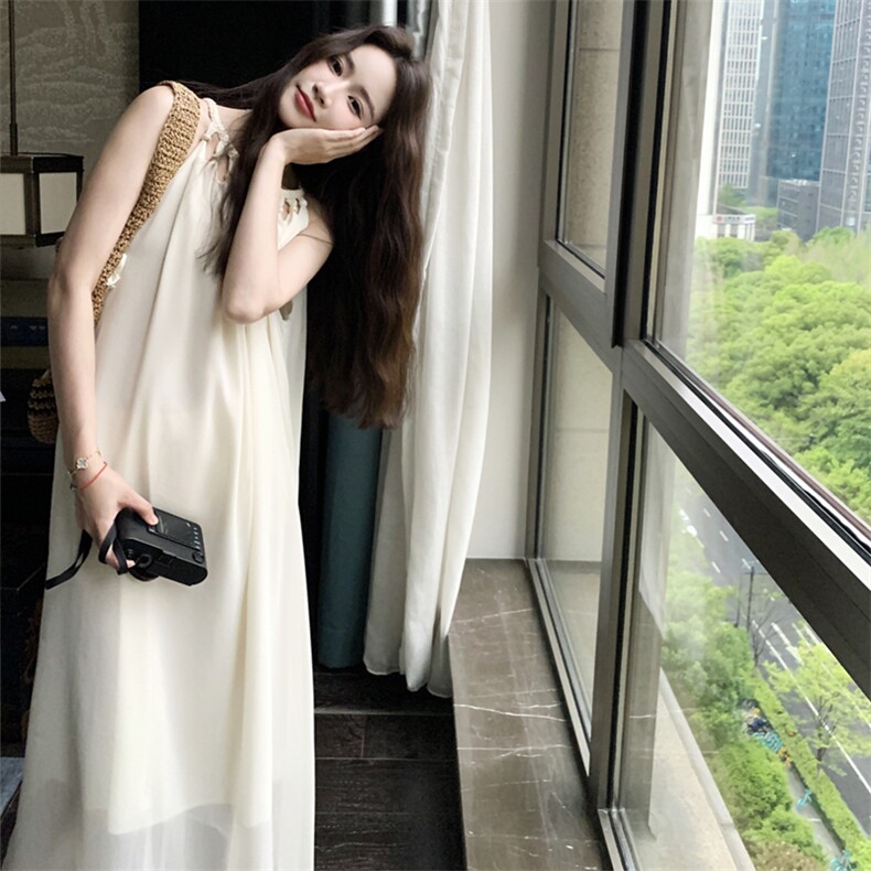 【新款】夏季米白色网纱挂脖连衣裙2C158-8670-P115-K168,女装连衣裙,2C158