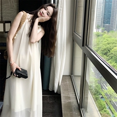 【新款】夏季米白色网纱挂脖连衣裙2C158-8670-P115-K168，女装连衣裙，2C158