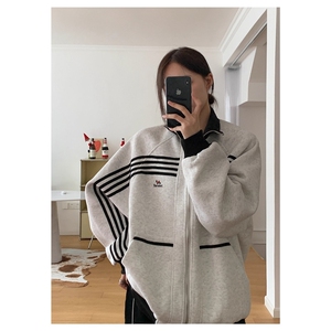 美式条纹撞色休闲夹克男女秋新款复古宽松潮牌情侣外套WYA28-P65图片