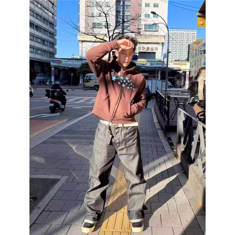美式高街花卉复古涂鸦连帽卫衣男款春秋款宽松情侣装重磅潮牌外套,女装短外套,星座506A