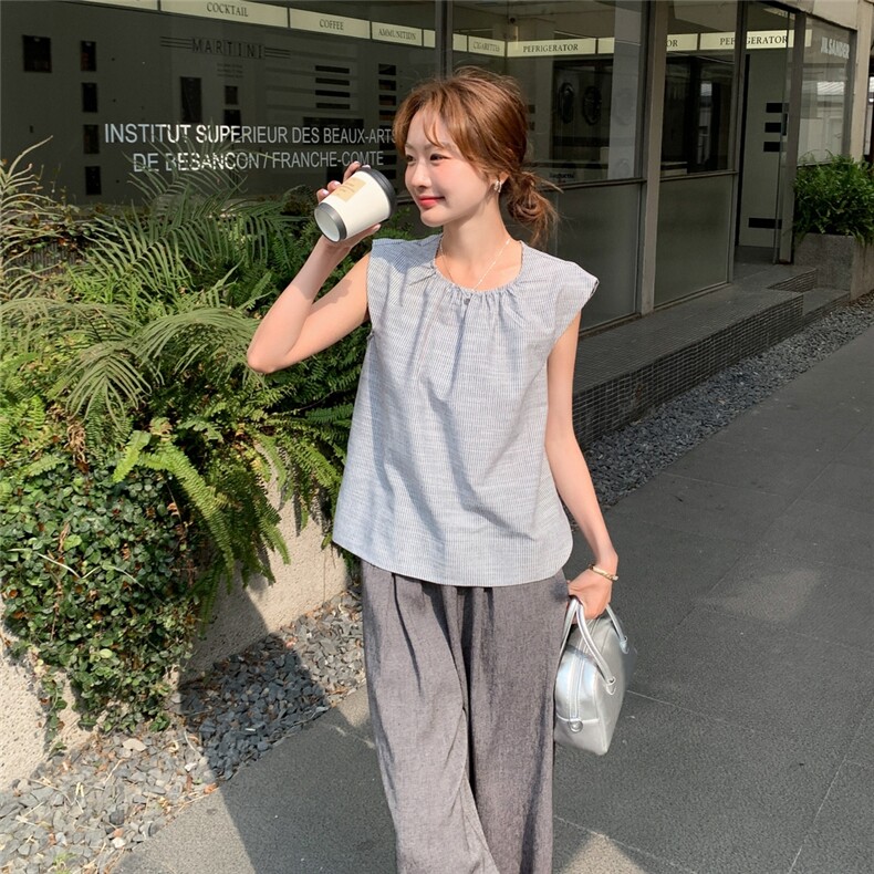 条纹飞袖上衣休闲裤套装2025新款女夏季韩系高级感流行ootd一整套图片