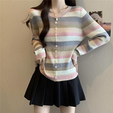 2025秋冬百搭时尚简约三色彩虹开衫针织衫，女装针织衫/毛衣，沐策羊绒