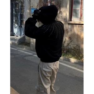 可拆卸领烫钻外套男款痞帅发型师潮牌男女重磅开衫卫衣 WY113图片