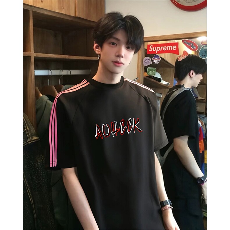 抖音得物品质二开240克宽松纯棉美式潮牌印花三条杠中性风短袖T恤,男装T恤,电商A486-1