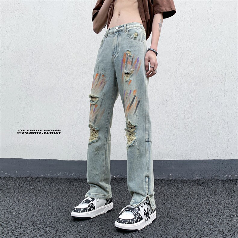 B221 美式ins高街暗黑小众拉链喷墨破洞牛仔裤 LK23085-P65 控88图片