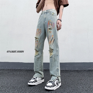 B221 美式ins高街暗黑小众拉链喷墨破洞牛仔裤 LK23085-P65 控88图片