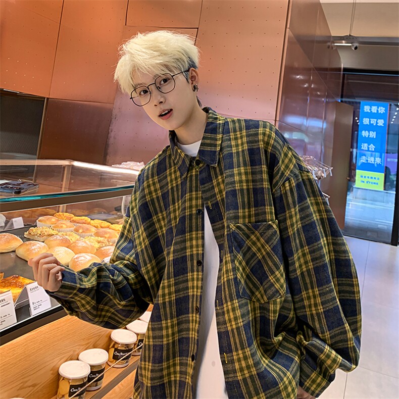 衬衫男春季新款港风宽松大码磨毛格子长袖衬衣CS550-P38，男装衬衫，星座214-3