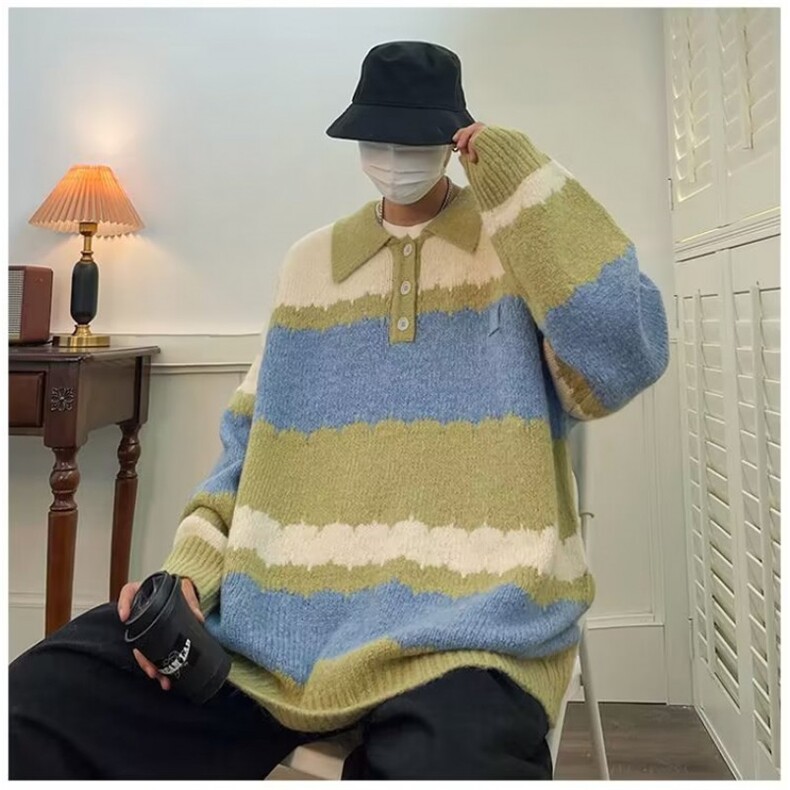 潮牌港风拼色长袖Polo衫男款美式复古宽松半纽扣毛衣MY05613-P52图片