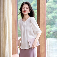 新款夏季真丝套头衬衫2025年新款夏季圆领五分袖纯色简约上衣，女装衬衫，阿舍尔精品