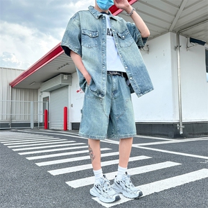 洗水工艺做旧牛仔衬衫直筒宽松休闲牛仔五分短裤男套装TZ029-P100图片