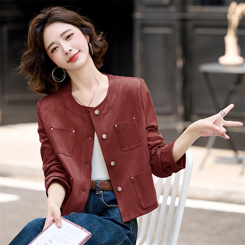 港风气质2024年秋季新款设计感麂皮绒圆领机车服上衣短外套,女装短外套,蓝诺裳