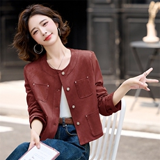 港风气质2024年秋季新款设计感麂皮绒圆领机车服上衣短外套，女装短外套，蓝诺裳