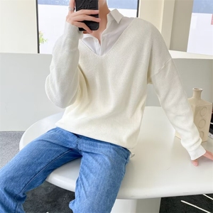 春秋季慵懒风别致上衣男毛衣设计感小众V领纯色针织衫男 B25图片