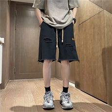 美式高街破洞牛仔短裤男夏季潮牌痞帅五分裤宽松直筒裤子TD12-p36，男装牛仔裤，星座1008-1