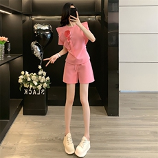 女夏季新款时尚休闲套装高端欧货粉色立体花朵短袖宽松短裤两件套，女装套装/套裙，江南