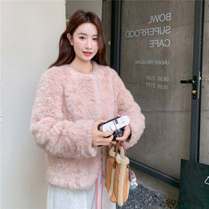 粉色毛毛外套女2025冬季新款皮毛一体短款环保皮草图片