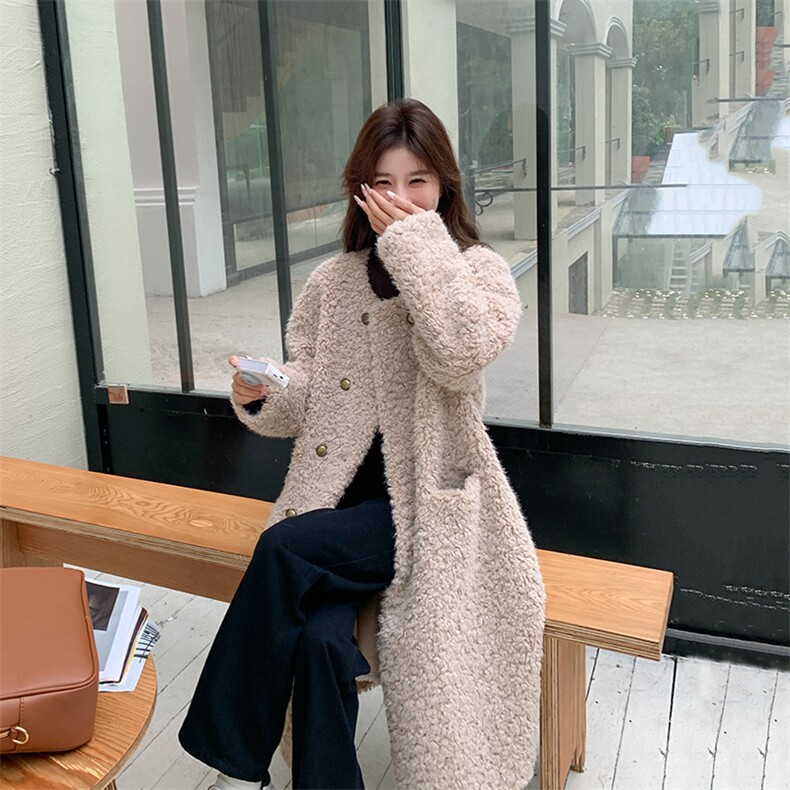 韩版气质波斯羊羔毛外套女2025冬季新款显瘦保暖长款皮毛一体大衣，女装毛呢外套，纯色衣恋