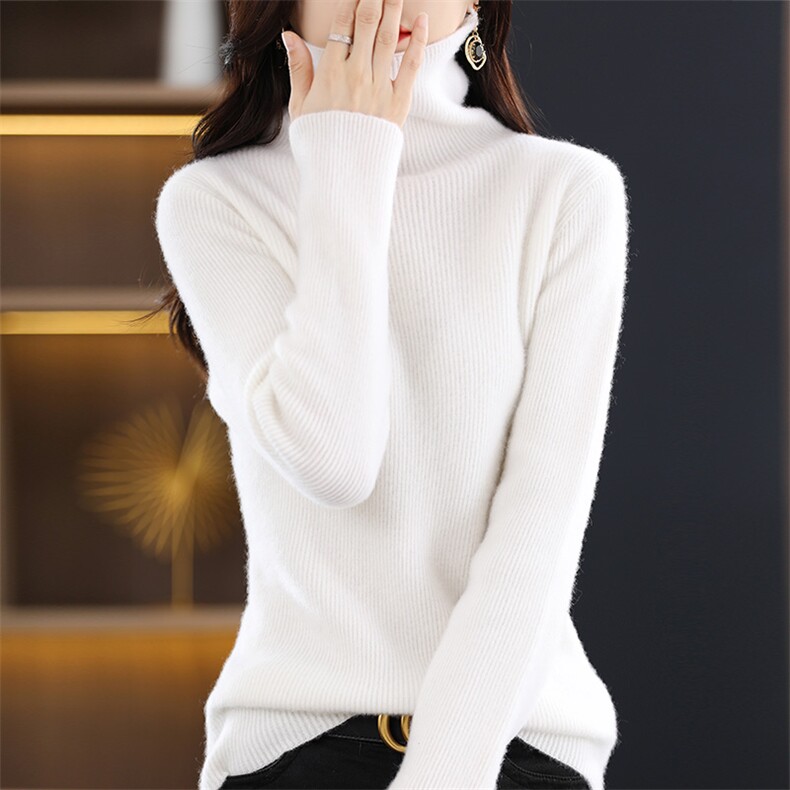100%纯羊毛衫堆堆高领女宽松纯色毛衣秋冬新款加厚针织打底羊绒衫,女装羊毛衫,冀清阳荣