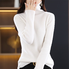 100%纯羊毛衫堆堆高领女宽松纯色毛衣秋冬新款加厚针织打底羊绒衫，女装羊毛衫，冀清阳荣