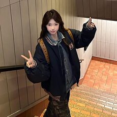 美式棉服女2024新款复古提花拼接加厚夹棉宽松情侣棒球服夹克外套，男装夹克，星座506A