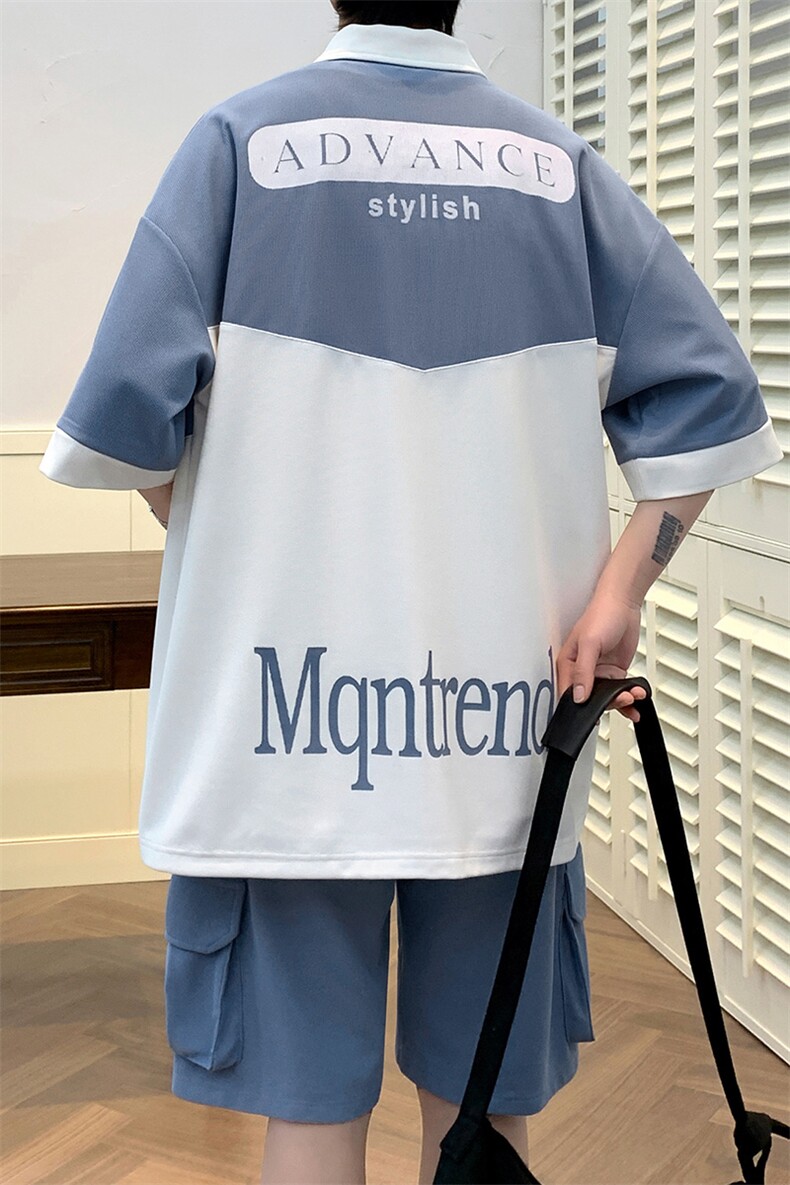 夏款青少年翻领刺绣短裤T恤男女撞色拼接半袖套装6628-P70控价98,男装T恤,电商A441-1
