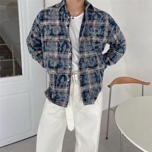 Q30/P46 扎染格纹休闲衬衫男宽松翻领上衣潮流小众长袖衬衣图片