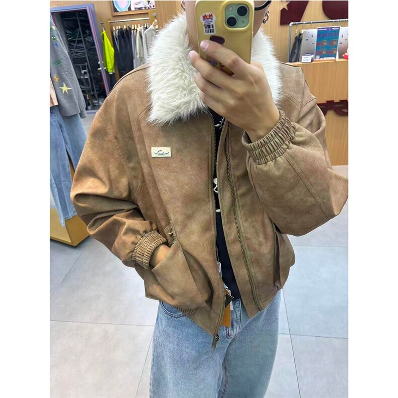 美式复古皮衣夹克女秋冬季可拆卸毛领紫色外套宽松休闲高级感上衣，男装夹克，星座506A