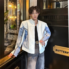 春秋立领皮衣夹克男女炸街牛仔拼接JK8571-P82，男装皮衣，星座1109-4