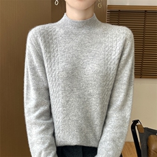 秋冬加厚半高领100%纯羊毛衫女一线成衣提花宽松针织羊绒衫打底衫，女装羊毛衫，邓利维