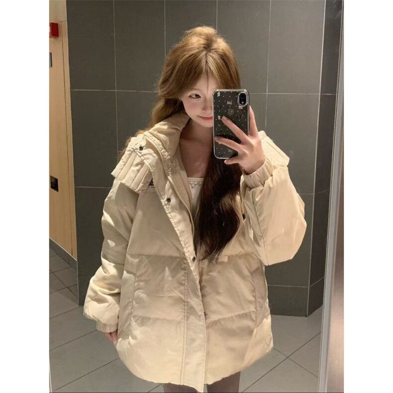 卡其色连帽保暖面包服外套女冬季新款设计感简约百搭宽松加厚棉服,男装夹克,星座506A