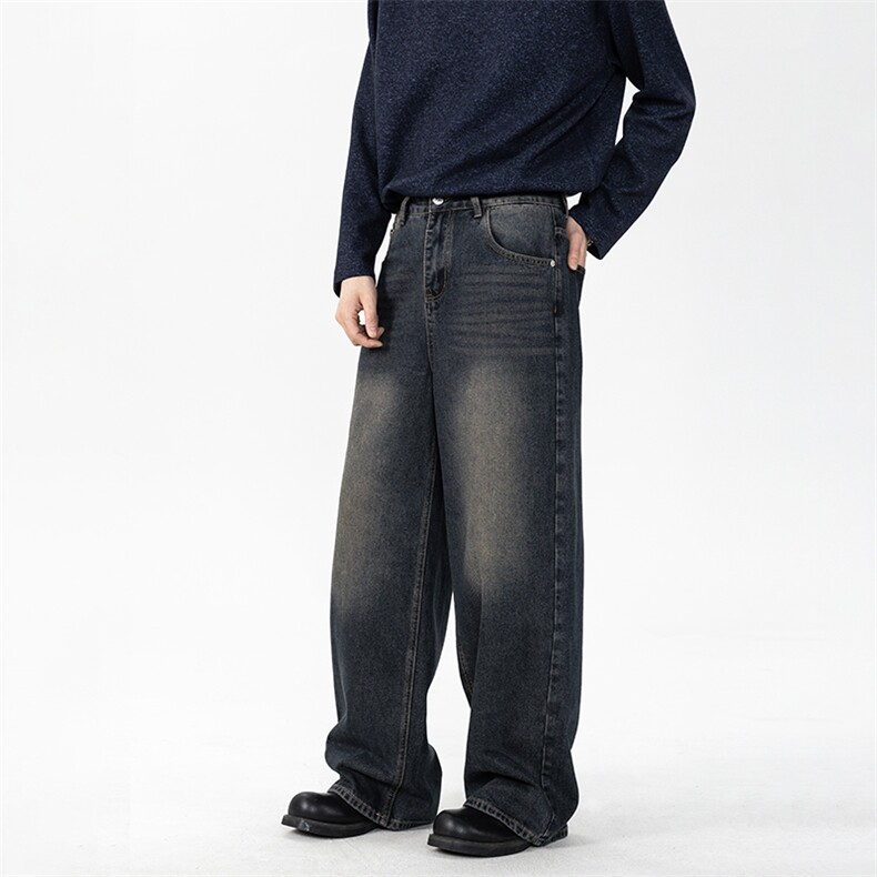 高品质原创韩版宽松直筒深蓝复古水洗做旧牛仔裤男女阔腿裤P78，男装牛仔裤，星座216-1