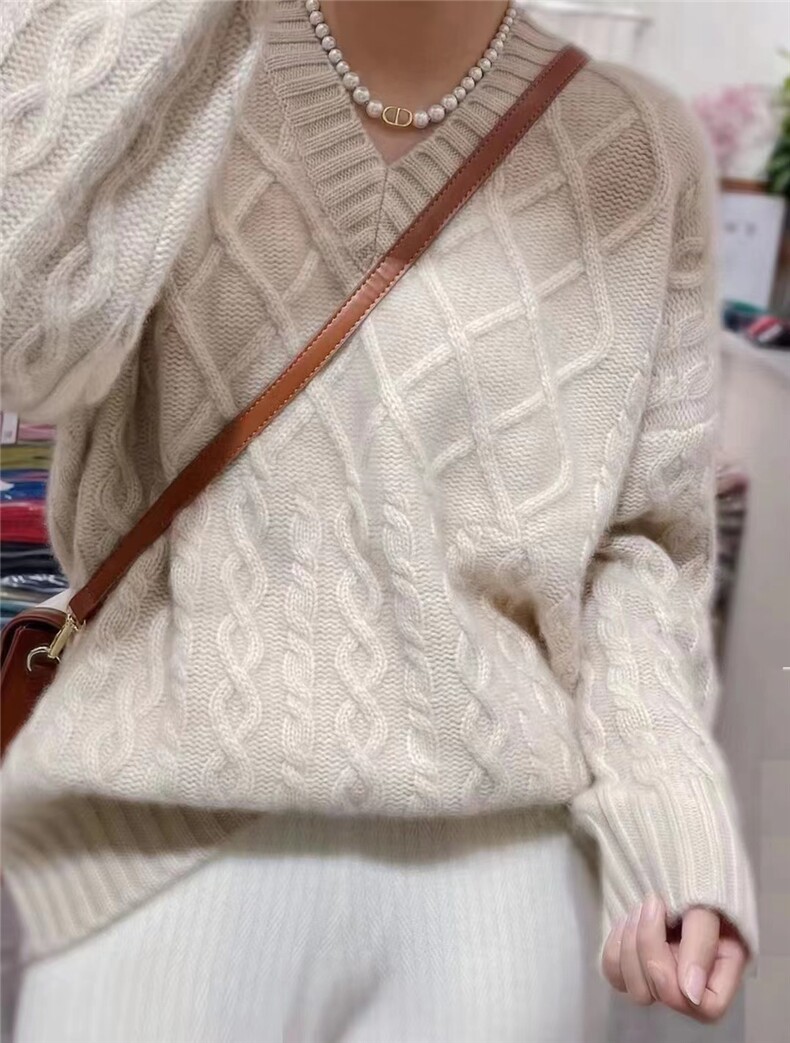 女士秋季新款修身显瘦V领半身菱形格针织衫,针织衫/毛衣,悦玛羊绒