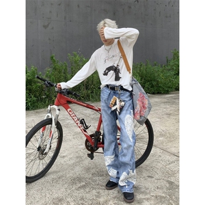 【有货】N6014CC-特P65 蕾丝和平鸽贴布刺绣牛仔裤男女款裤子图片