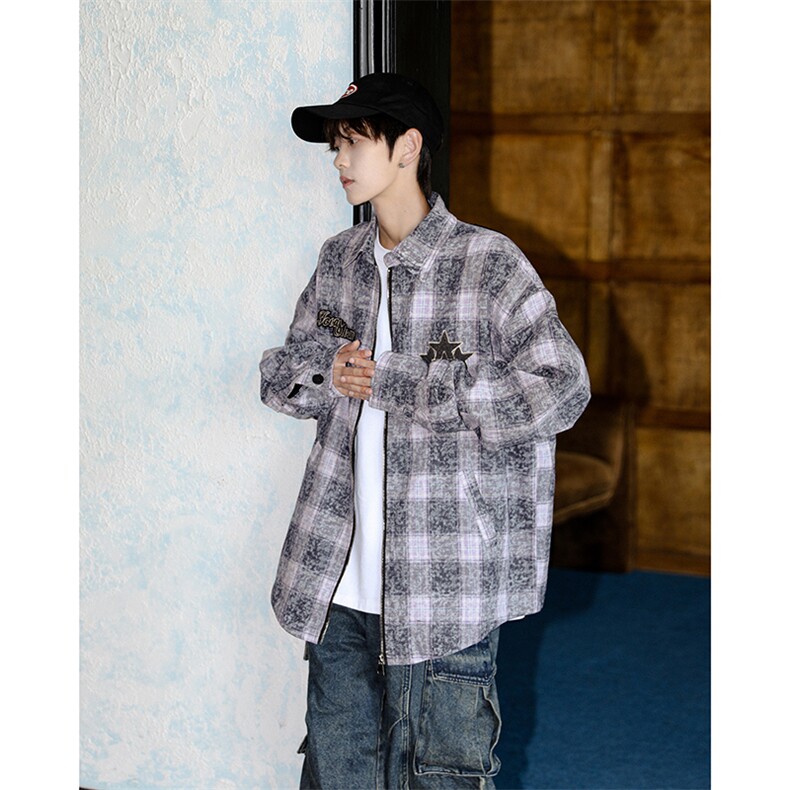 美式复古格子夹克外套男女秋冬季潮情侣宽松上衣JK85455-p65，男装夹克，星座1008
