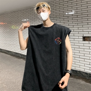 水洗做旧纯棉坎肩背心男夏季潮牌硬挺抗皱宽松情侣款运动无袖T恤图片