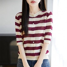 条纹天丝针织短袖开衫T恤女2025夏季新款宽松圆领薄百搭小衫上衣，女装蕾丝衫/雪纺衫，暖烁羊绒