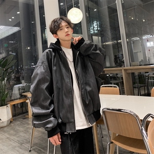 美式假两件外套男秋季潮牌百搭pu皮纹理夹克复古高街痞帅情侣上衣图片