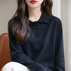 时尚气质简约百搭翻领纯色潮流外穿针织衫2024年新款，女装针织衫/毛衣，桦兴羊绒